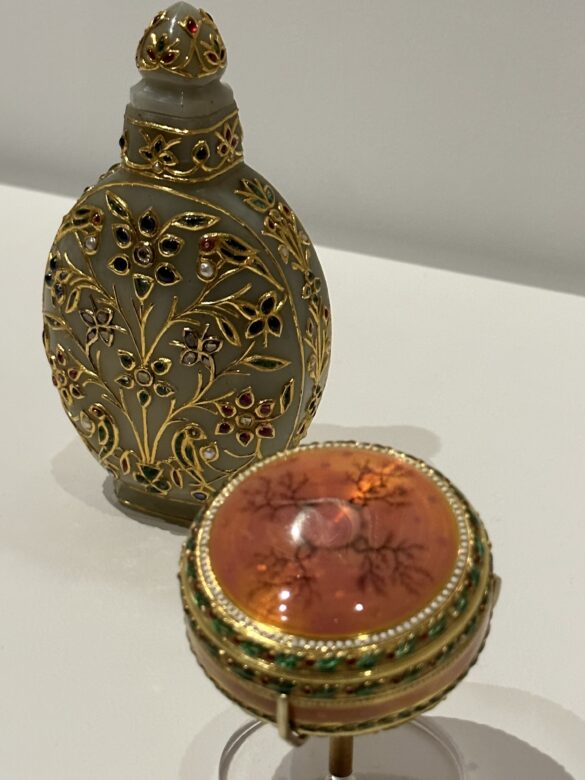 Gifts presented to Queen Mary on her birthday by Philip Sassoon, 1934 and 1935 Lent by His Majesty King Charles III Scent bottle Lahore (now in Pakistan), late Mughal period, early nineteenth century Jade, gold, pearls, diamonds, rubies, sapphires, and emeralds