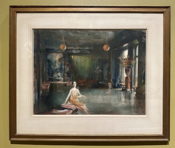 Sybil Sassoon, dressed in the latest 1920s fashion, is seated in the ballroom of her brother Philip's house in London. Unlike the two nearby paintings of the Park Lane drawing room, which depict its elegant furnishings, Sims evokes, in a rather abstract way, the work of the Catalan artist Josep Maria Sert, who painted shimmering blue and silver panels on the walls and ceiling.