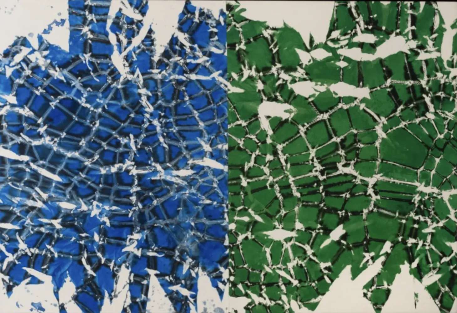 Abstract artwork featuring a textured pattern split into vibrant blue and green sections with interconnected lines resembling a web-like structure.