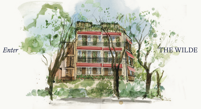 Watercolor illustration of The Wilde's building facade, surrounded by lush greenery and featuring vibrant red awnings, set in a serene environment.