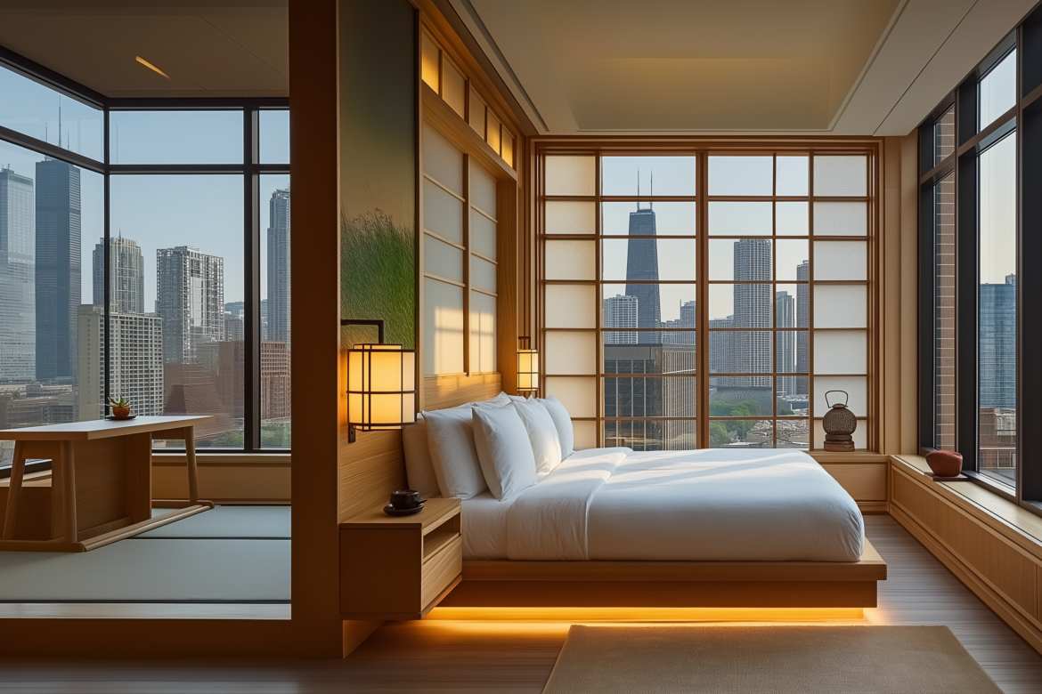 Modern Zen bedroom design showcasing natural wood tones, Shoji-inspired panels, and a serene urban backdrop with soft ambient lighting