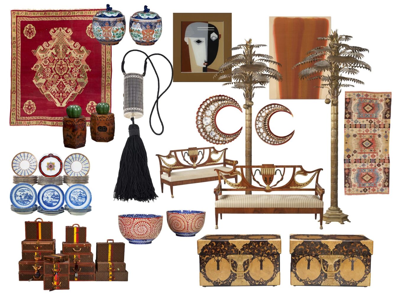 Selection of Mica Ertegun's auction items at Christie's, including vintage rugs, Japanese lacquered trunks, intricately designed furniture, decorative art pieces, and palm tree sculptures. A perfect representation of Mica's global-inspired interior design and timeless elegance Courtesy @studioJoelleMagazine