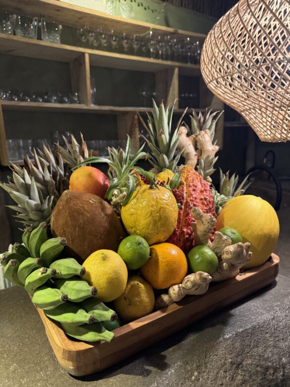 Collection of fresh tropical juices, fruits, and traditional Brazilian dishes served in elegant settings with ocean view