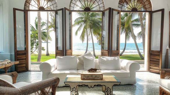 Collection of images showing the property's white colonial architecture, infinity pool, palm-lined gardens, elegant interiors with Moorish arches, and oceanfront views from various angle